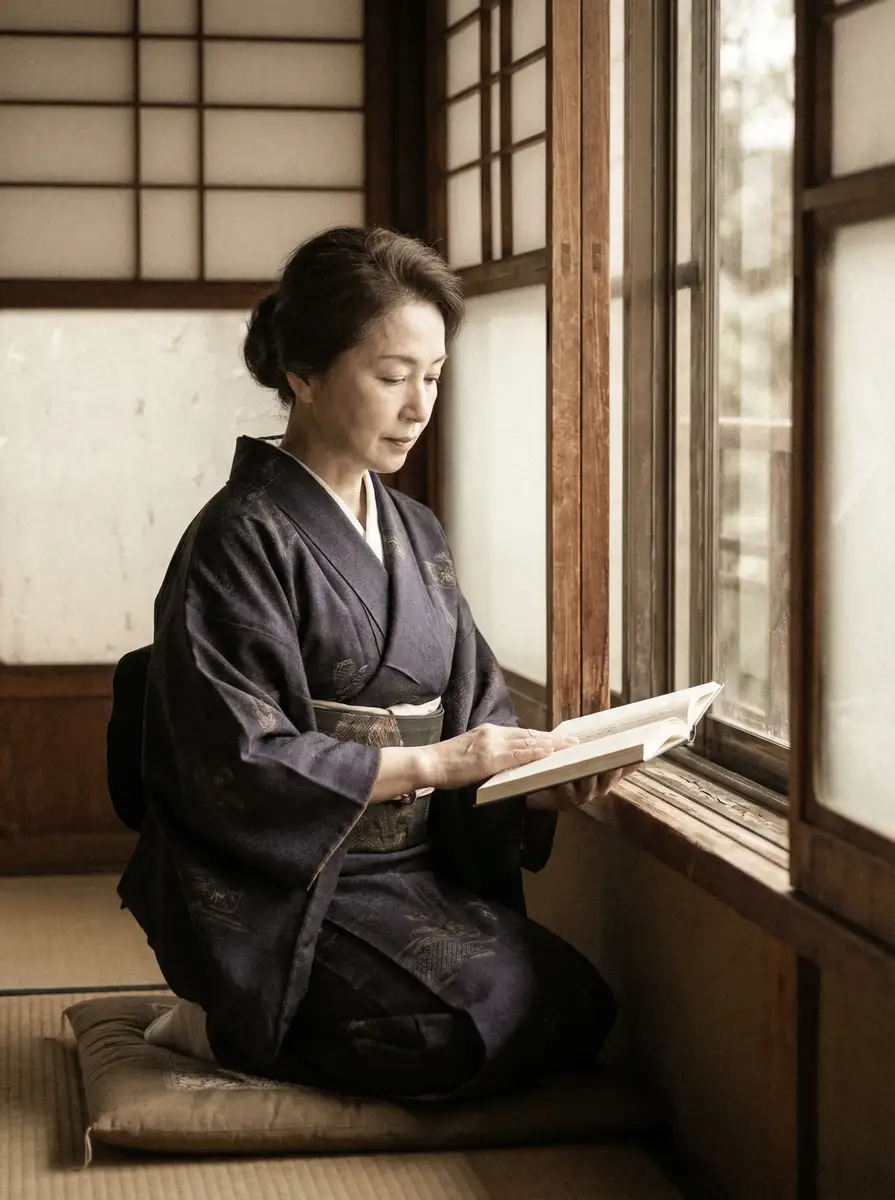 一位优雅的五十岁 澳客网网址 身穿深蓝色和服，在窗边静读